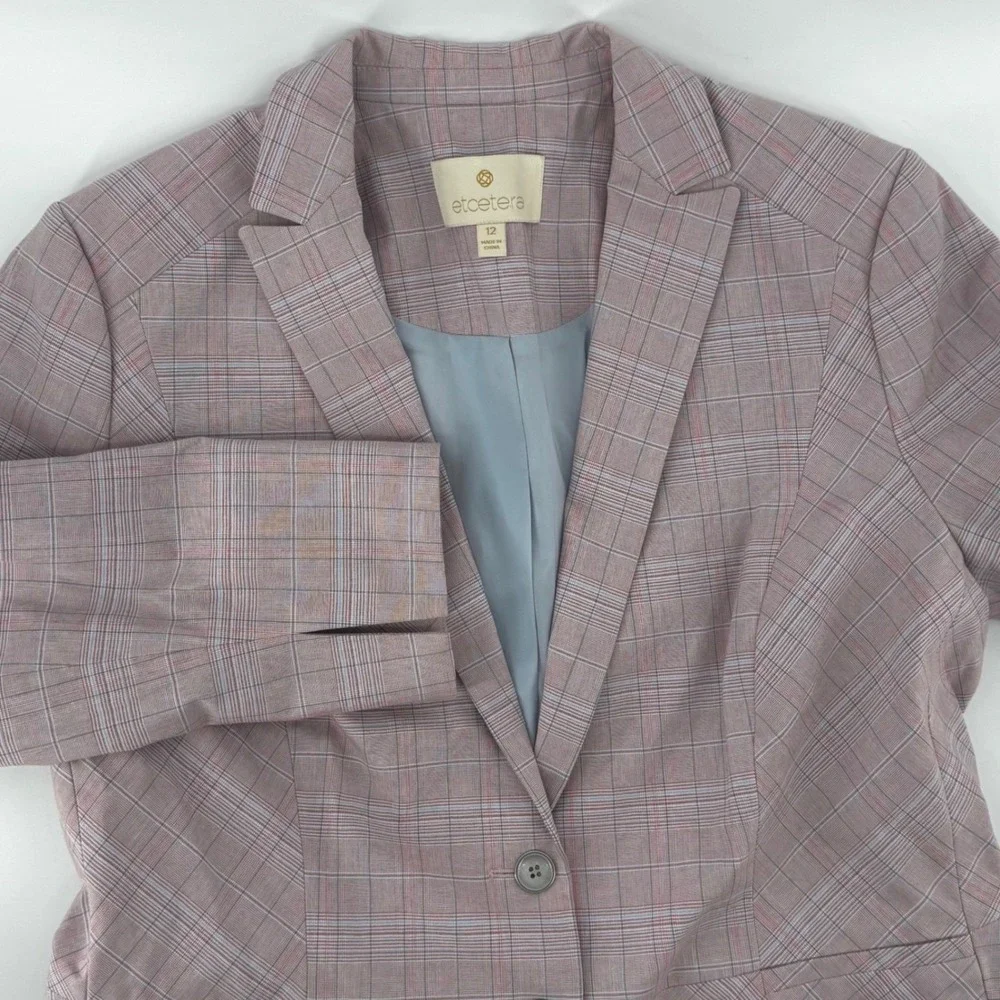 Etcetera Plaid Cotton Blazer Women's 12 Pink Blue Tailored Stretch Career Office